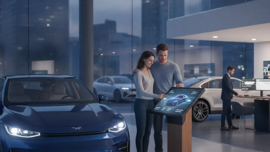 Een man en een vrouw bekijken een interactief scherm in een moderne autoshowroom naast een blauwe auto.