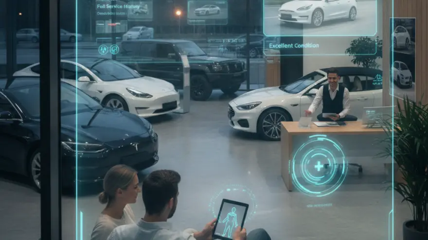 Een man en een vrouw op een bank bekijken een tablet in een showroom met auto's, met een futuristisch holografisch scherm dat voertuiginformatie toont.