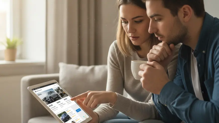 Een man en een vrouw zitten op de bank en kijken samen naar een tablet waarop auto's worden getoond.