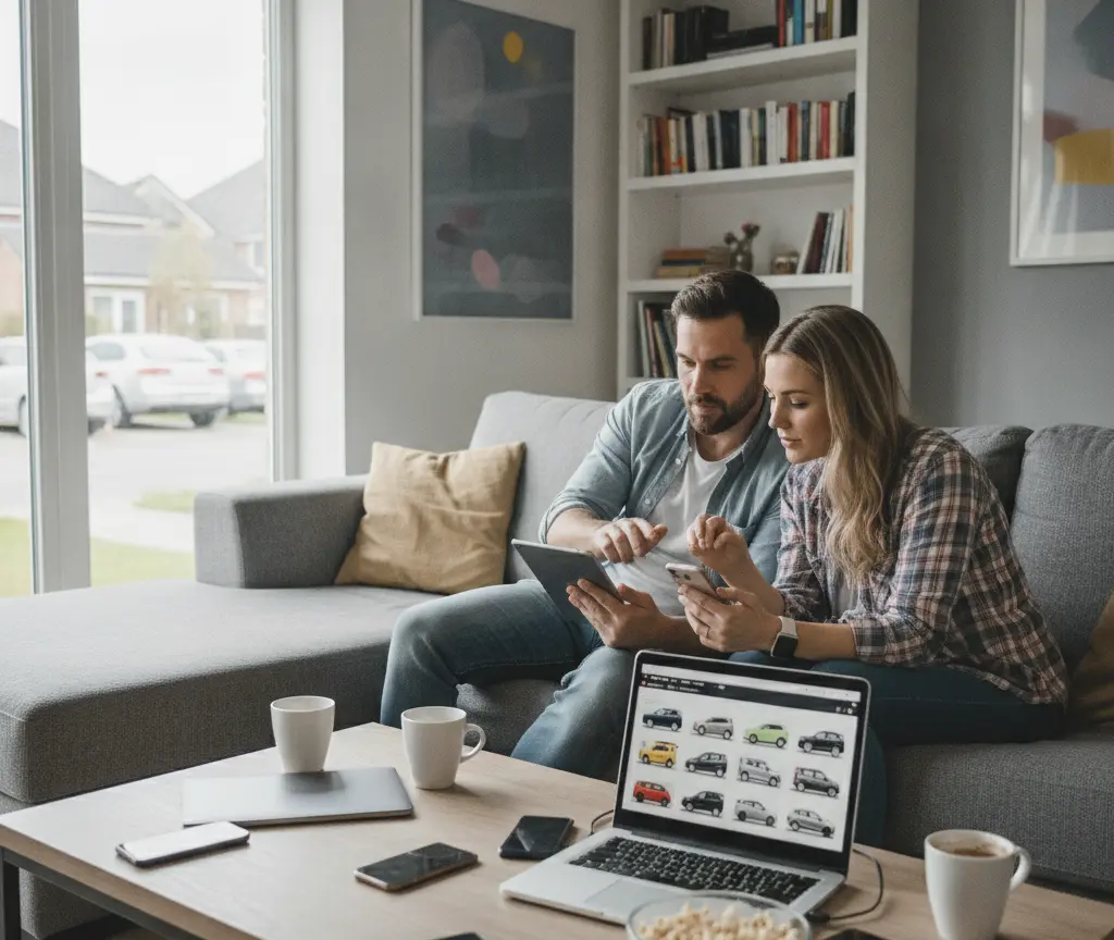 Een man en een vrouw zitten op een bank en kijken naar een tablet en een smartphone, met op de voorgrond een laptop waarop verschillende auto's worden getoond.
