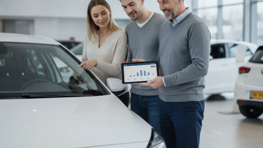 Een verkoper toont een koppel grafieken op een tablet naast een witte auto in een showroom.