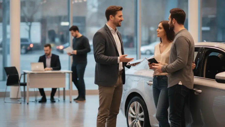 Een verkoper in een colbert spreekt met een man en een vrouw die naast een grijze auto in een showroom staan.