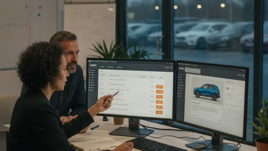 Een man en een vrouw bekijken autogegevens op twee computerschermen in een kantoor met uitzicht op een parkeerplaats met auto's.