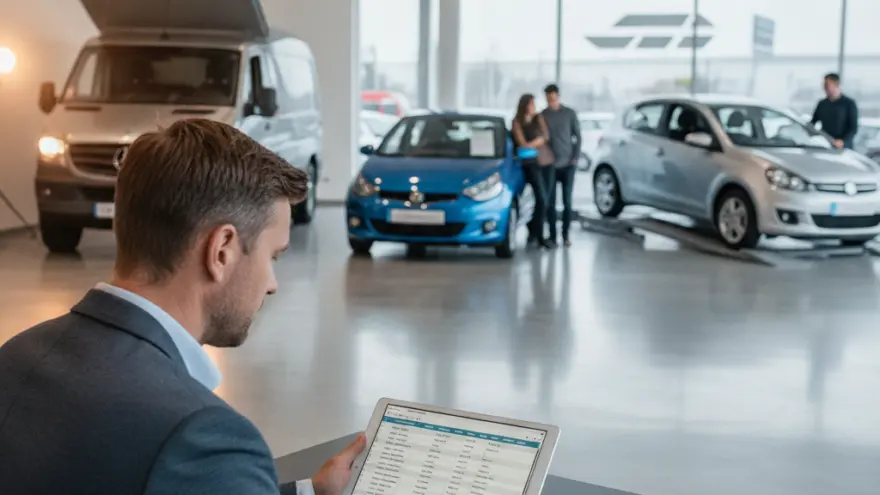 Een man in een pak bekijkt een tablet aan een bureau in een autoshowroom met auto's en mensen op de achtergrond.