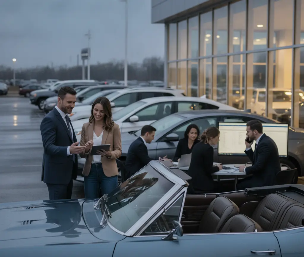 Een man en een vrouw in zakelijke kleding bekijken een tablet bij een blauwe cabriolet op een parkeerterrein voor een showroom.
