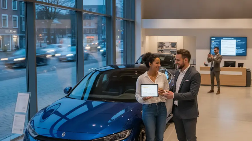 Een man in een pak en een vrouw met een tablet staan glimlachend naast een blauwe auto in een showroom.