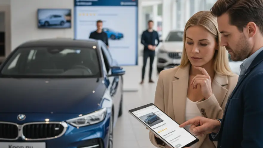 Een man en een vrouw bekijken samen een tablet in een showroom met auto's op de achtergrond.