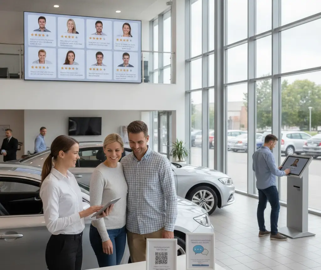 Een verkoopster toont een tablet aan een glimlachend stel in een lichte autoshowroom met auto's en grote ramen.