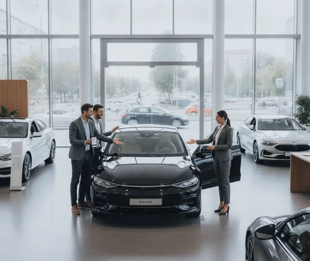 Een verkoopster in een grijs pak toont een zwarte auto aan twee mannen in een lichte showroom met grote ramen.