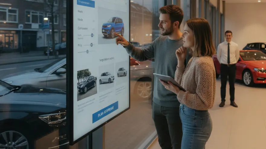 Een man en een vrouw bekijken auto's op een groot interactief scherm in een showroom, terwijl een verkoper op de achtergrond toekijkt.