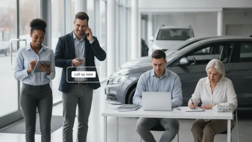 Vier medewerkers in een lichte showroom met auto's op de achtergrond, waarvan twee staand met een tablet en telefoon en twee zittend aan een bureau met een laptop en papier.