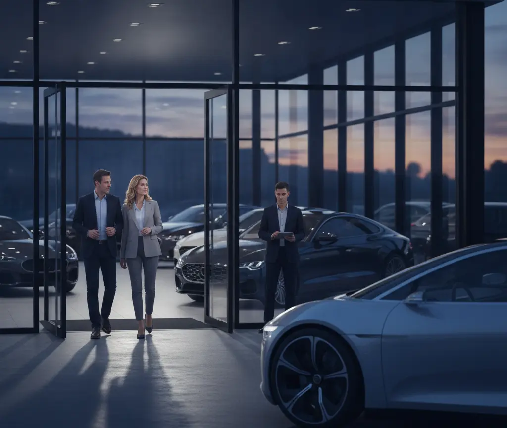 Es Paar im Business-Outfit lauft us eme moderne Autohuus mit Glasfront, während en Verkäufer mit eme Tablet im Hintergrund staht.