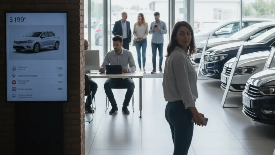 Eine Frau geht durch den hellen Verkaufsraum eines Autohauses, in dem mehrere Fahrzeuge ausgestellt sind und Mitarbeiter an Schreibtischen arbeiten.