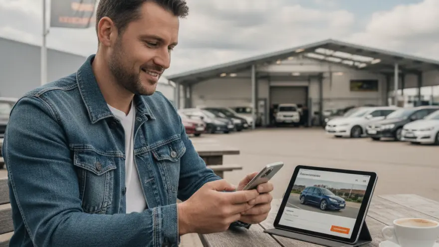 Ein lächelnder Mann in einer Jeansjacke sitzt an einem Holztisch im Freien, blickt auf sein Smartphone und hat ein Tablet mit der Abbildung eines blauen Autos vor sich.