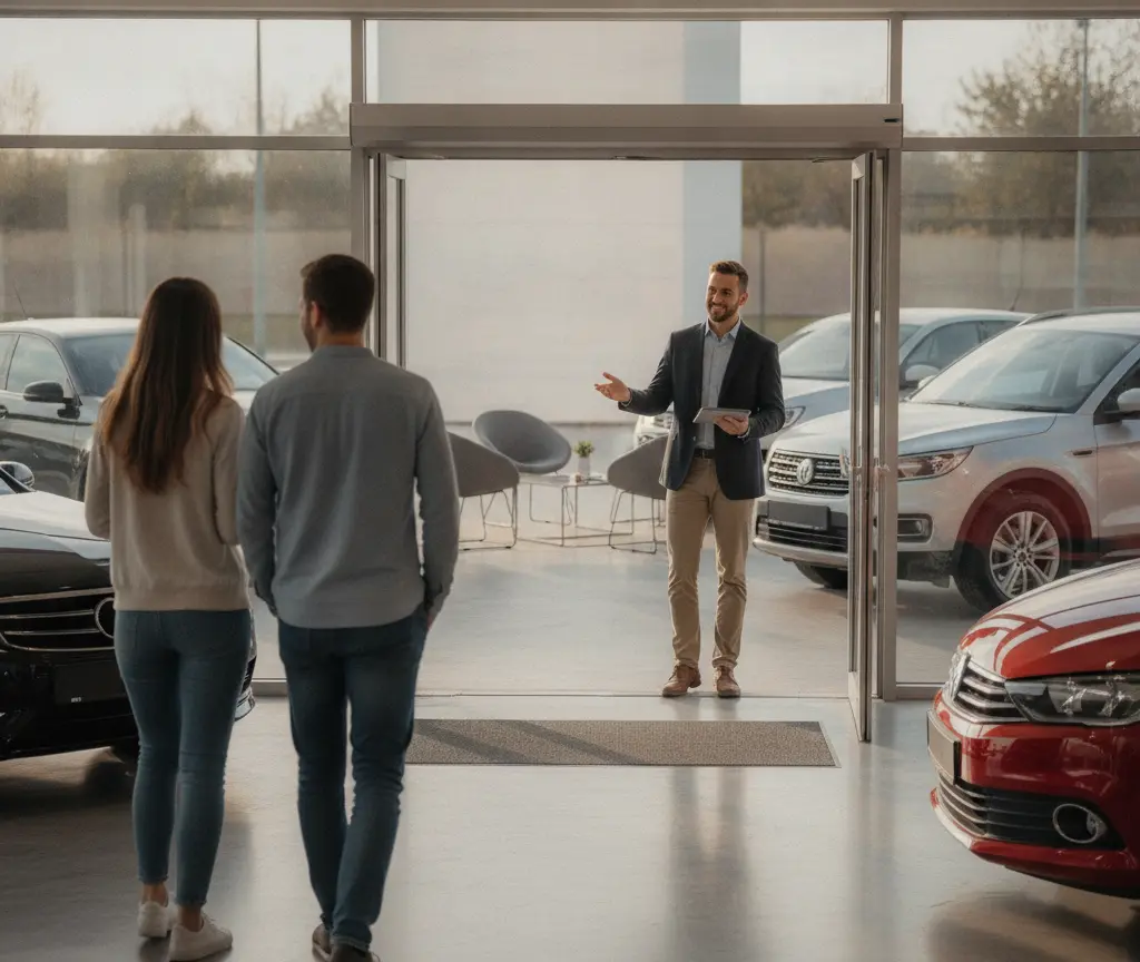 Ein Paar von hinten fotografiert geht in einem Autohaus auf einen lächelnden Verkäufer mit Tablet zu.
