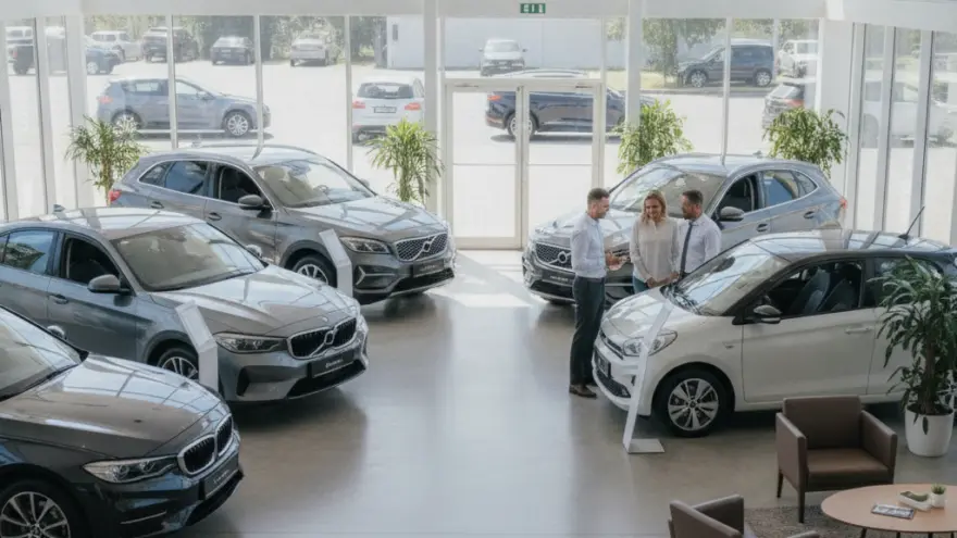 Ein Verkäufer berät ein Paar in einem hellen Autohaus mit großen Fensterfronten und mehreren ausgestellten Fahrzeugen.