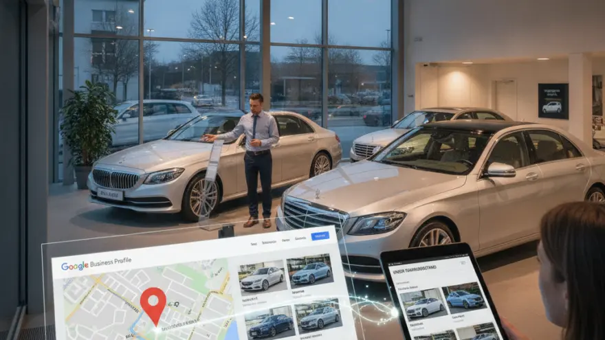 Eine Frau betrachtet ein Tablet in einem Autohaus, während im Hintergrund ein Verkäufer neben ausgestellten Limousinen steht und eine digitale Infotafel eine Karte zeigt.