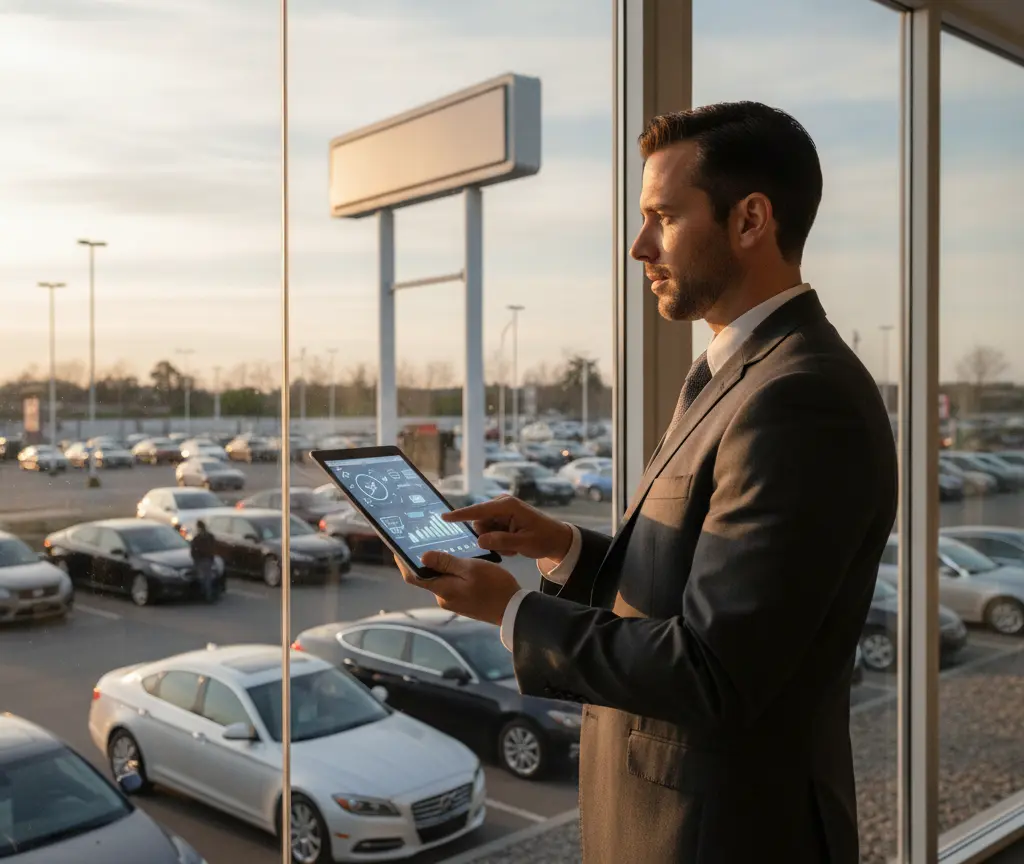 Ein Mann im Anzug steht an einer großen Fensterscheibe und bedient ein Tablet, während im Hintergrund ein Parkplatz voller Autos zu sehen ist.
