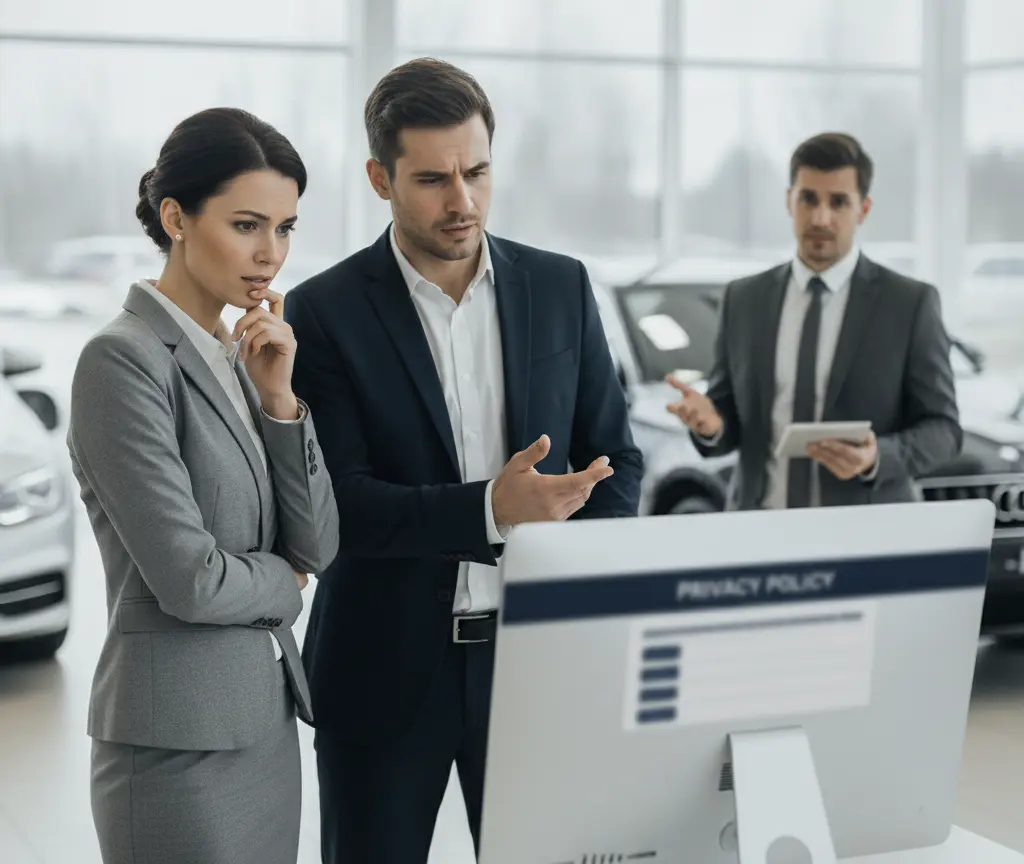 Een man en een vrouw in pak kijken bedenkelijk naar een computerscherm in een showroom met auto's op de achtergrond.