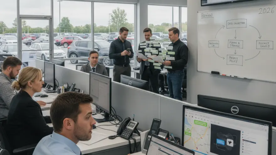 Kantoormedewerkers aan het werk achter hun bureaus en in overleg bij een whiteboard in een kantoor met uitzicht op een parkeerplaats vol auto's.