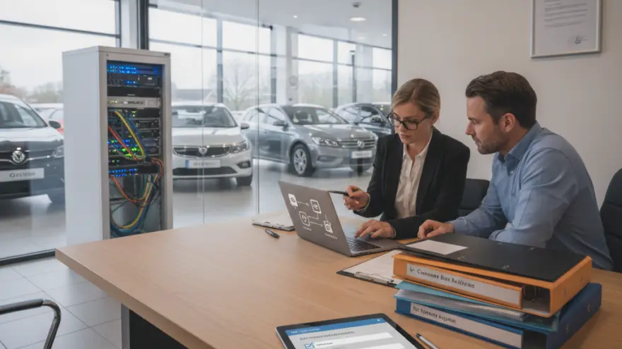 Een man en een vrouw in zakelijke kleding zitten aan een houten bureau en kijken samen naar een laptop in een showroom met auto's.