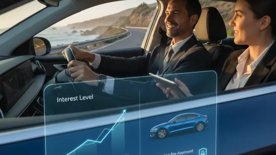 Een man en een vrouw in pak zitten in een rijdende auto langs een kustweg, met een digitaal scherm geprojecteerd op het raam.