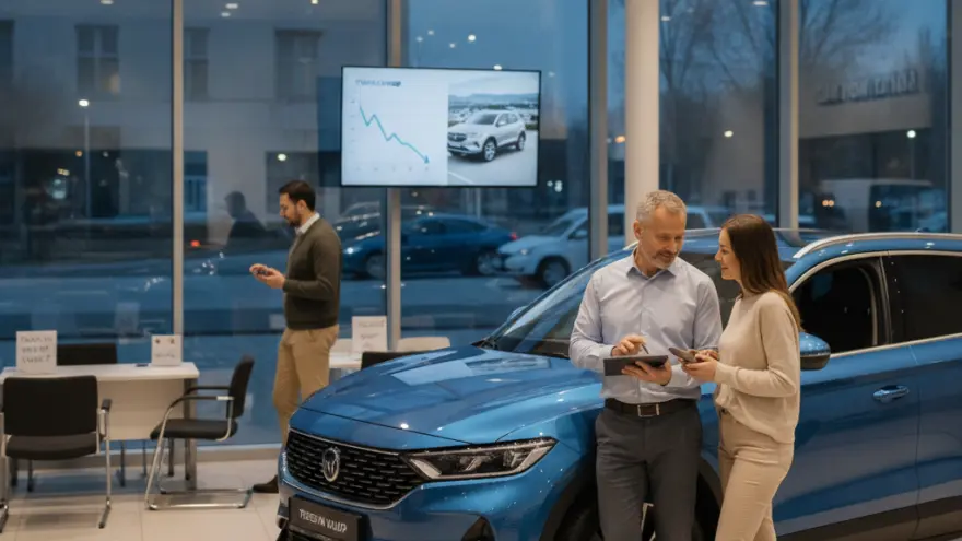 Een man en een vrouw staan met een tablet en een smartphone naast een blauwe auto in een showroom.
