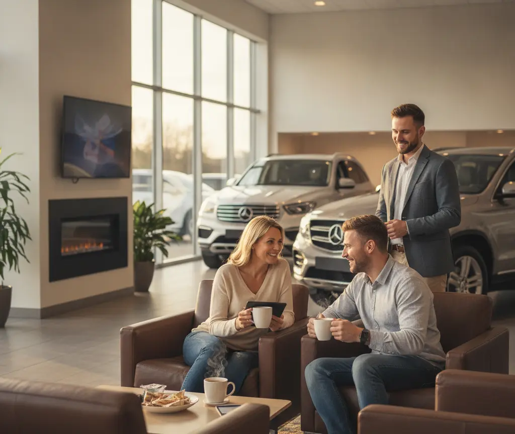Een man en een vrouw zitten in bruine fauteuils met koffie in een showroom, terwijl een verkoper in pak achter hen staat met auto's op de achtergrond.
