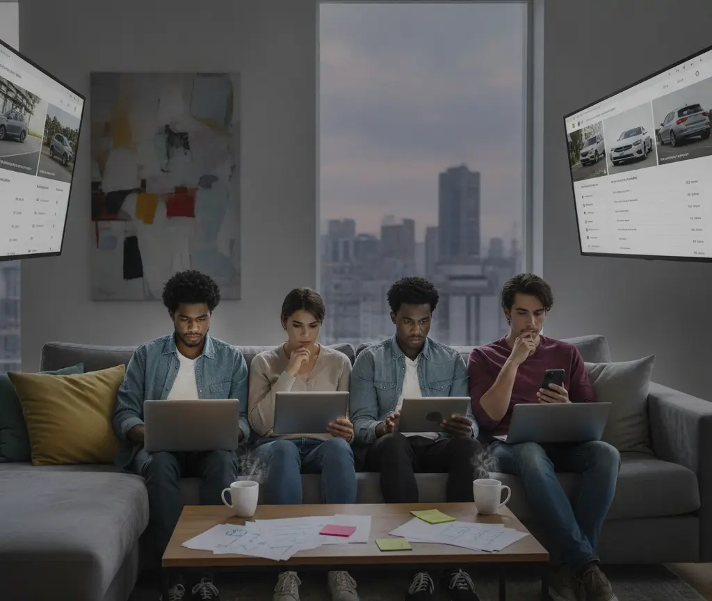 Four people sit on a grey sofa using laptops and tablets in front of a coffee table with mugs and papers, with two large screens showing car listings on the walls.