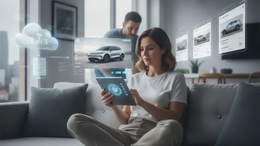A woman sits cross-legged on a grey sofa using a tablet, with a man standing behind her, surrounded by holographic displays of cars and data.