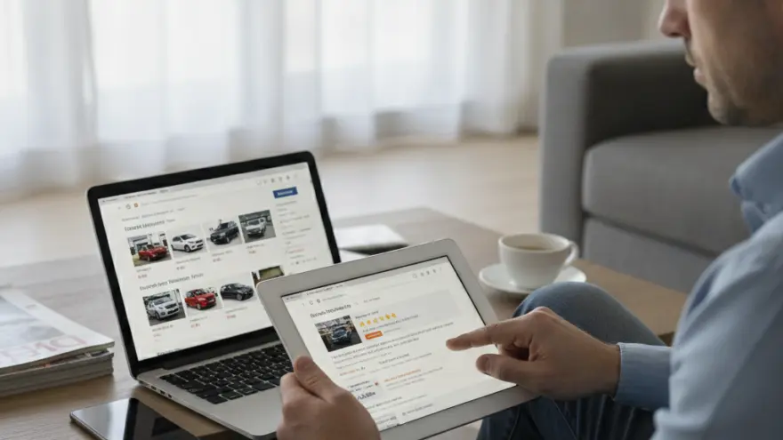 A man sits on the floor using a tablet to browse car listings while a laptop displaying similar listings sits on a coffee table nearby.