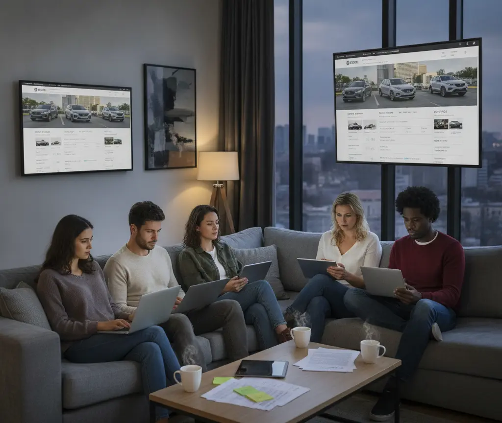 Five people sit on a sectional sofa in a modern living room while using laptops and tablets, with two large screens on the wall displaying car dealership websites.