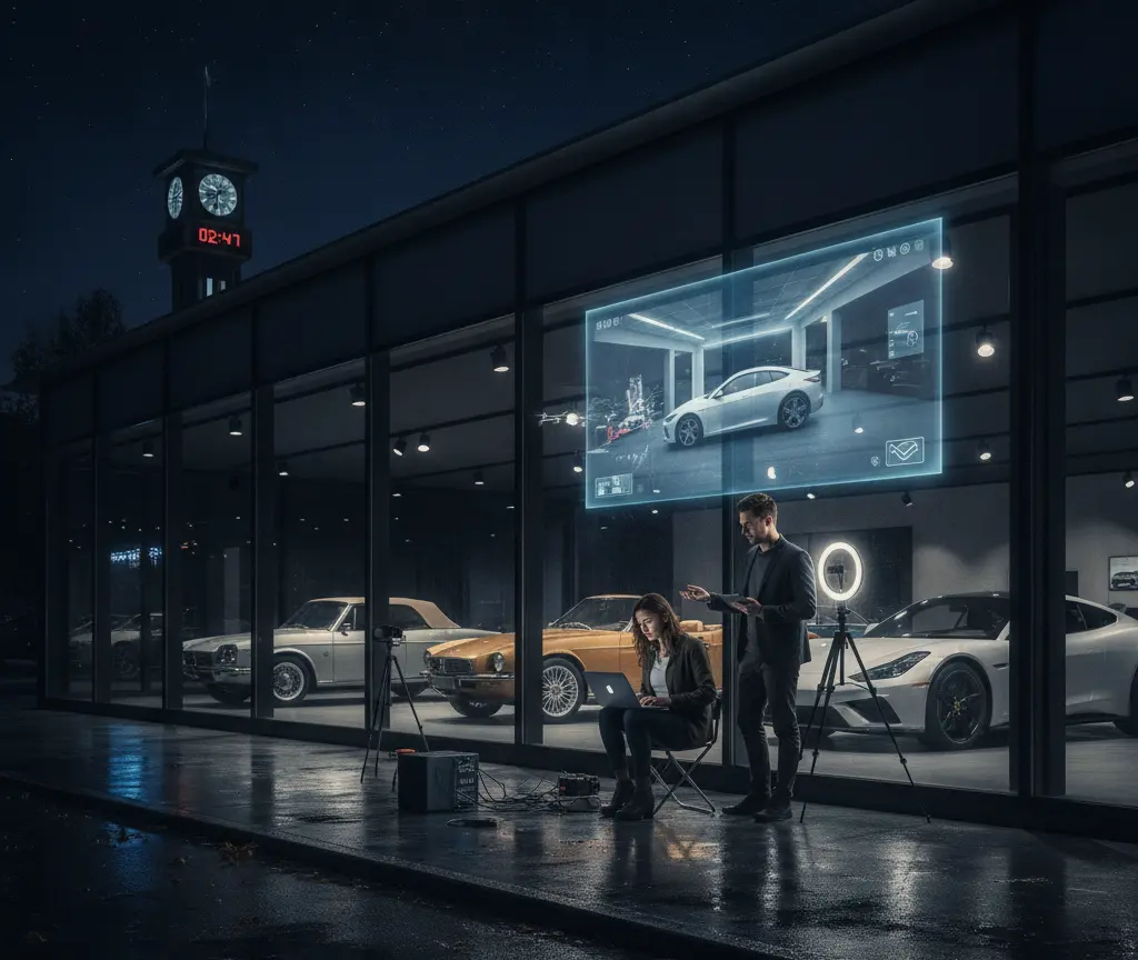 A man and a woman work with a laptop and camera equipment outside a modern car showroom at night, with a digital hologram of a car projected on the window.
