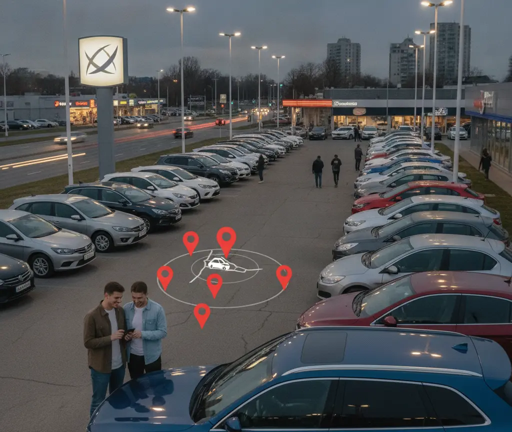 Two men look at a smartphone next to a blue SUV in a car dealership lot at dusk, with a digital map graphic superimposed on the pavement.