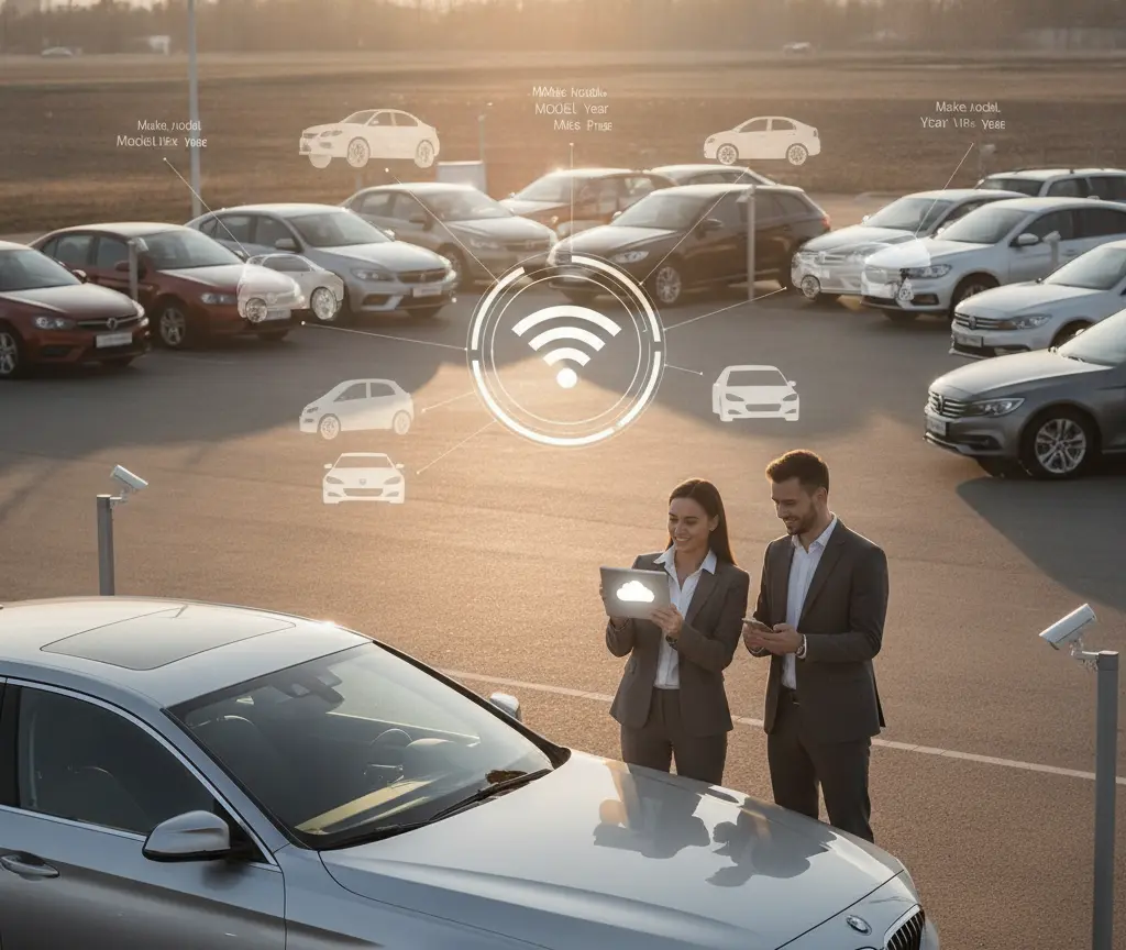 A man and a woman in business suits stand in a car dealership lot looking at a tablet, with digital car icons and a Wi-Fi symbol overlaid on the scene.