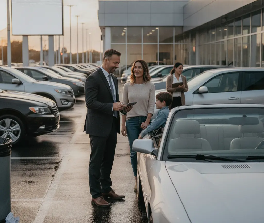 A salesman in a suit shows a digital tablet to a woman and a young boy sitting in a silver convertible at an outdoor car dealership lot.