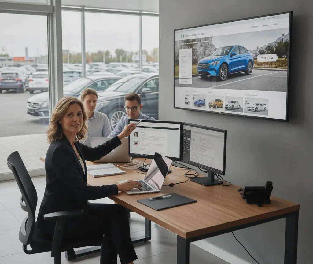 A woman sits at a desk with a laptop and points to a computer monitor while two men look on in an office with a large screen showing a blue car.