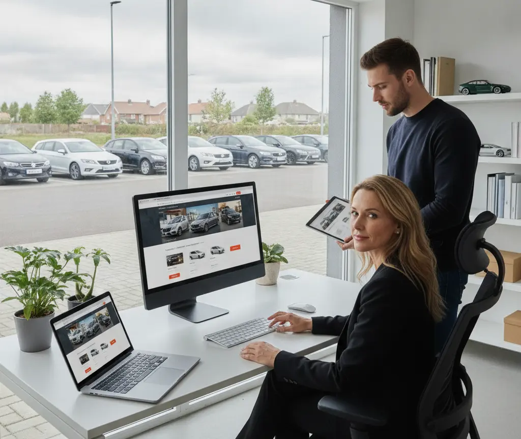 A woman sits at a desk using a computer while a man stands beside her holding a tablet, with a car lot visible through the window behind them.