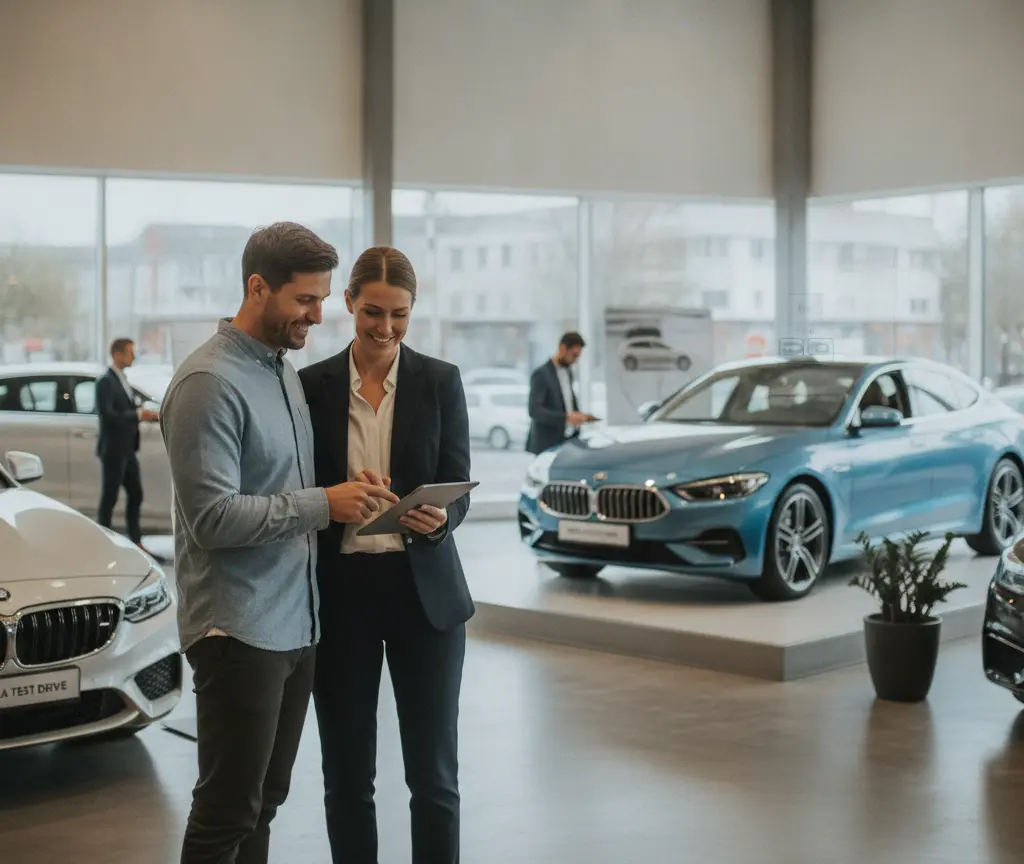 A smiling man and woman look at a tablet together in a spacious car dealership showroom with several cars on display.