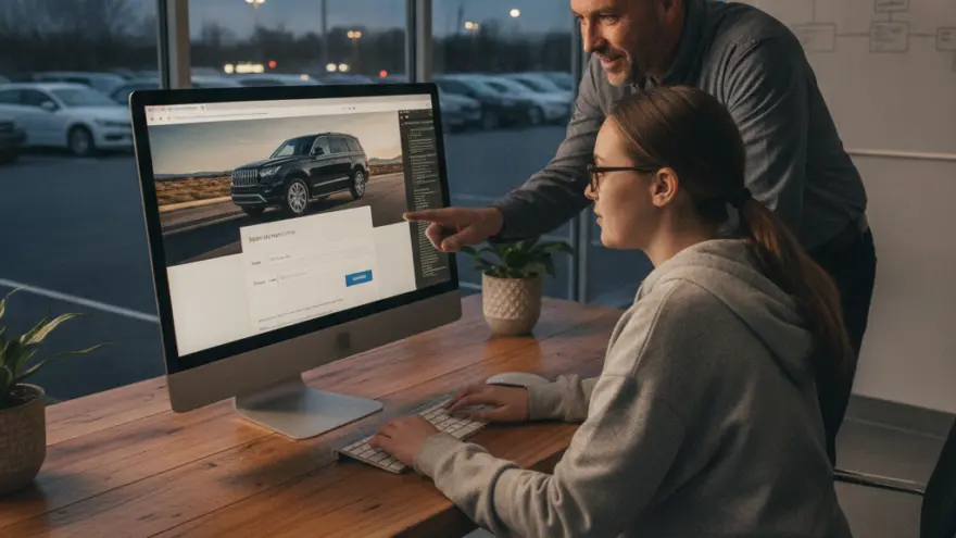 A man points at a computer screen showing a black SUV while a woman sits at the desk typing on a keyboard.