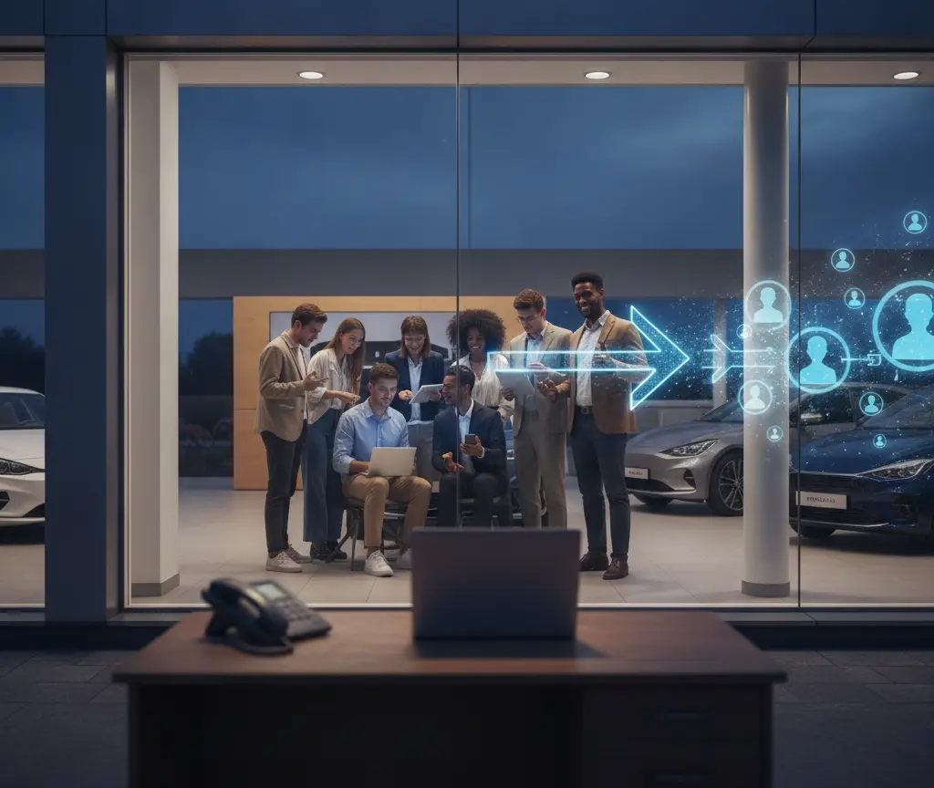 A group of people gather inside a car showroom at night, looking at digital devices with a glowing blue arrow and user icons superimposed on the glass.