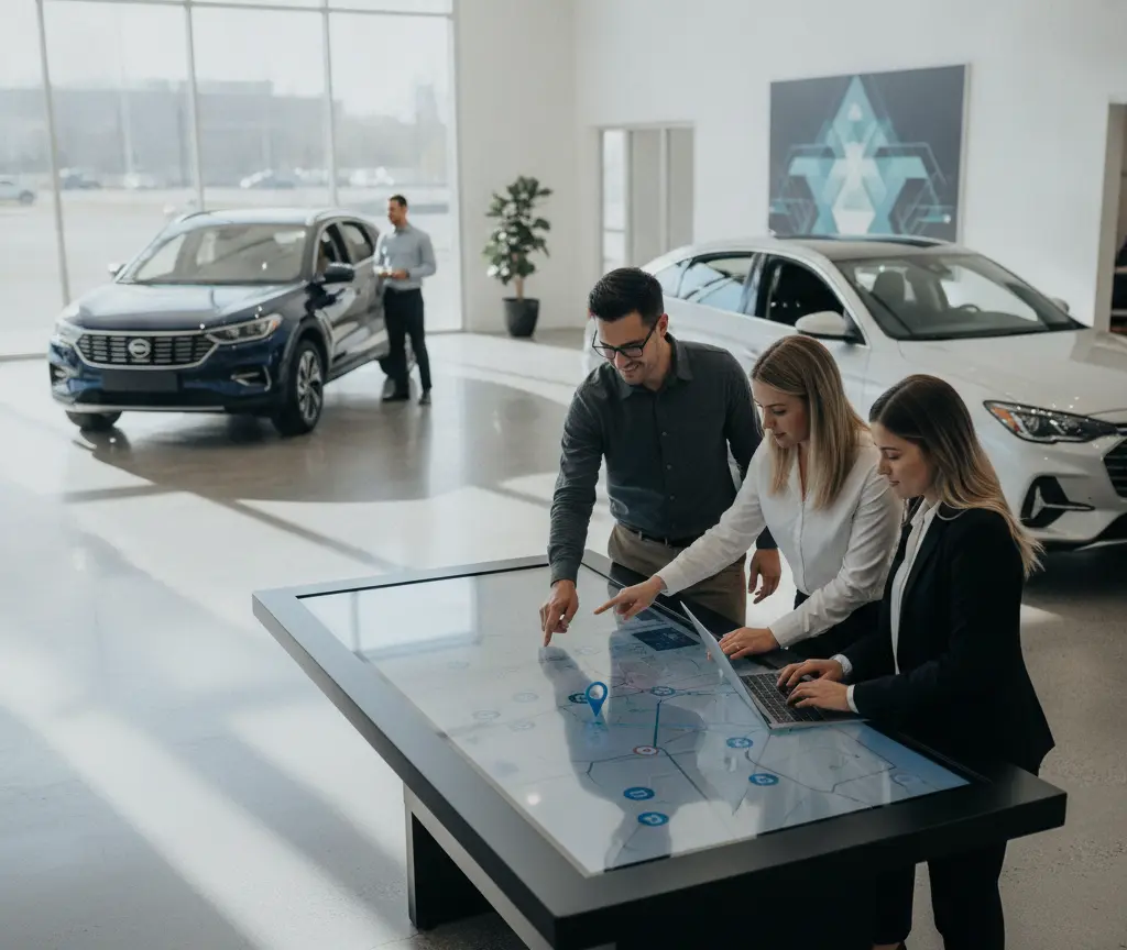 Three people stand around a large interactive digital map table inside a car dealership showroom with vehicles in the background.