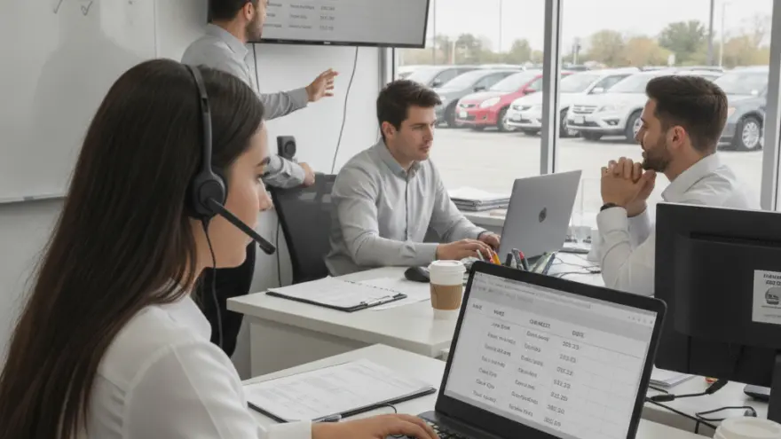 A woman wearing a headset works on a laptop in an office while three men discuss data near a window overlooking a car lot.