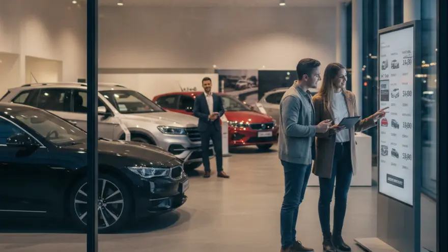 Es Paar staht inere Autogarage vor eme grosse Bildschirm und luegt d Auto-Ahgebot ah, während im Hintergrund en Verkäufer staht.