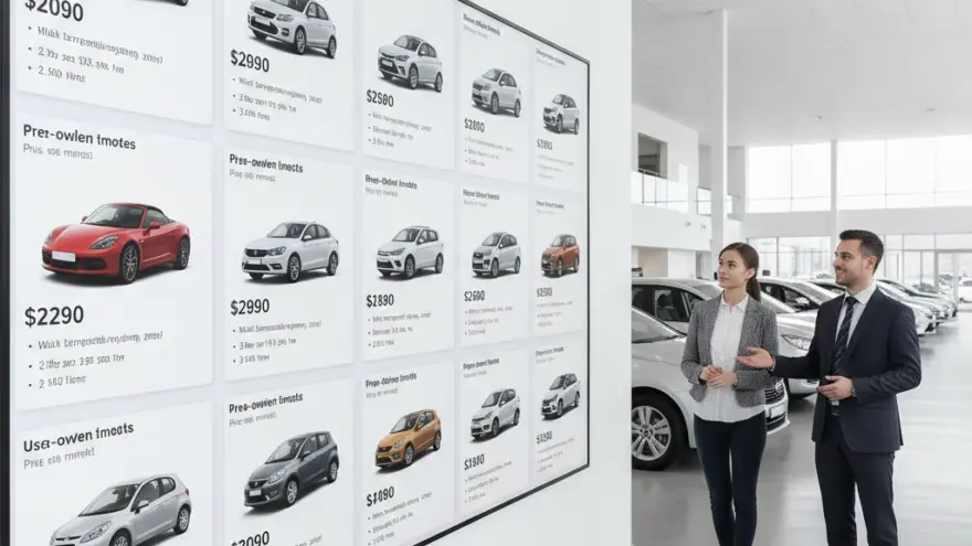 En Verkäufer im Azug zeigt ere Frau inere Autohalle e grossi Wandtafele mit verschiedene Auto-Agebot.