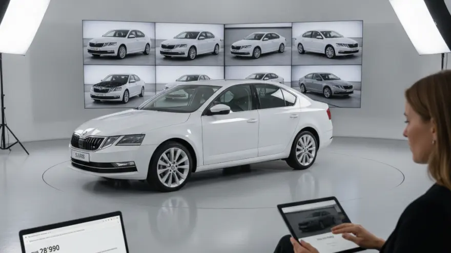 Es wiisses Auto staht imene Fotostudio mit ere Frau im Vordergrund, wo es Tablet bedient.