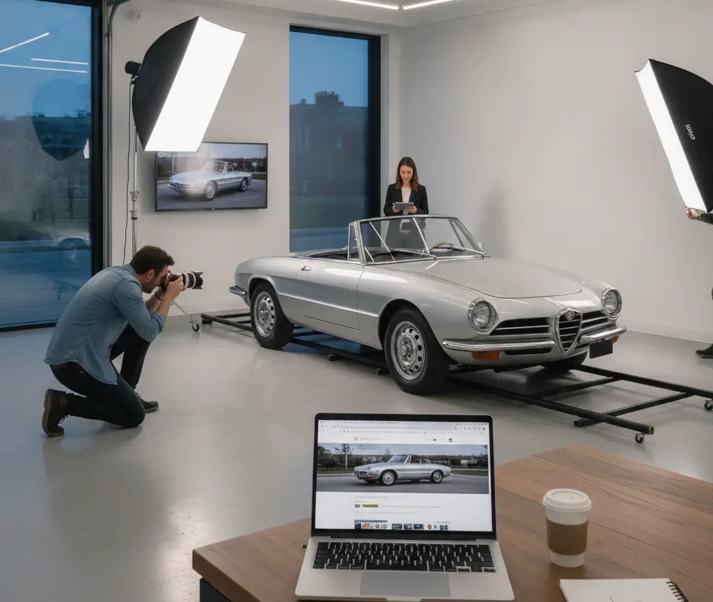 En Fotograf fotografiert en silbrige Oldtimer-Cabriolet in eme Studio mit Softboxe, während im Vordergrund en Laptop uf eme Holztisch staht.
