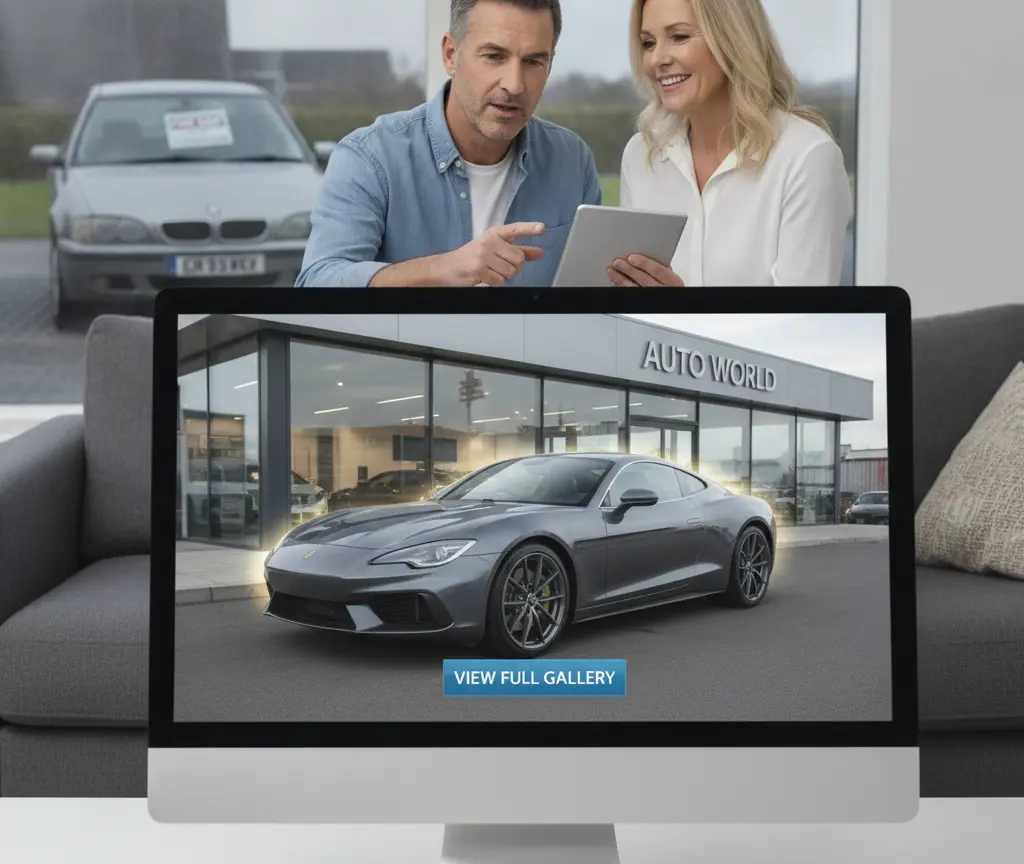 Es Paar luegt gmeinsam uf es Tablet, während im Vordergrund en Computerbildschirm mit eme graue Sportauto vor eme Autohuus z gseh isch.