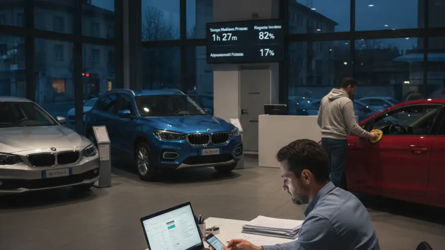 Un uomo seduto a una scrivania con computer e smartphone all'interno di un salone automobilistico con auto in esposizione.