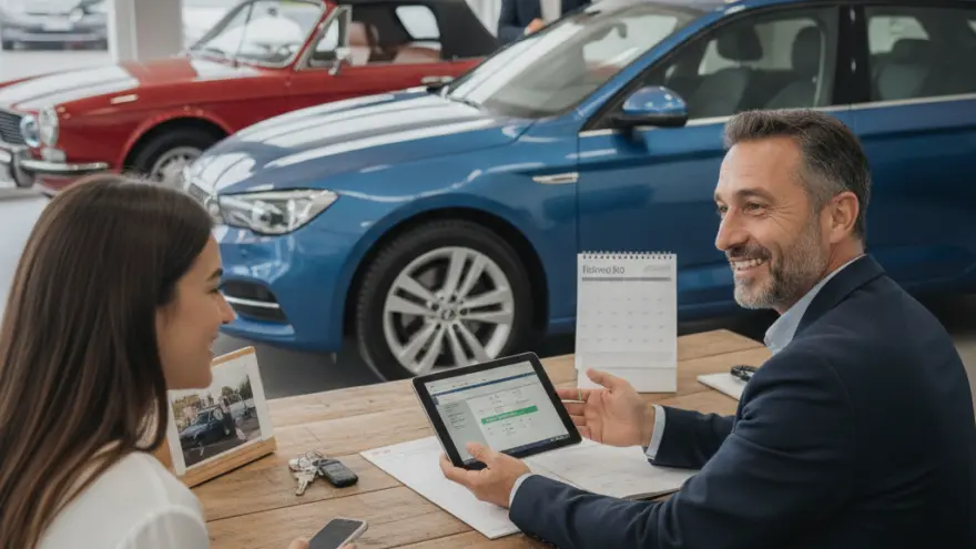 Un uomo in giacca mostra un tablet a una donna seduta di fronte a lui a una scrivania in legno all'interno di un salone dell'auto.